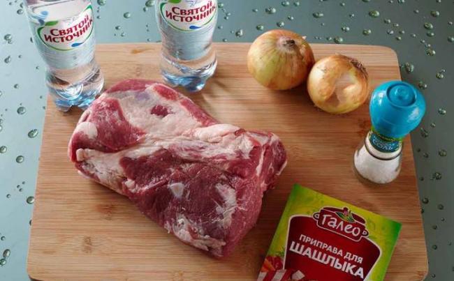 Ингредиенты для приготовления свиного шашлыка на минералке Свинина, минералка и лук