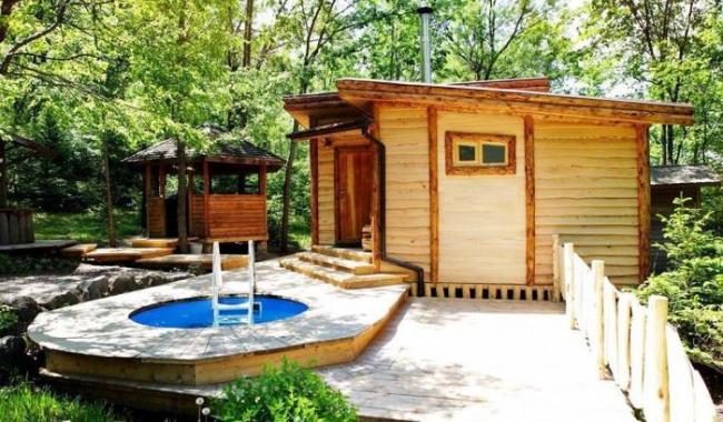 Расположение бани с барбекю в саду Баня с барбекю в саду