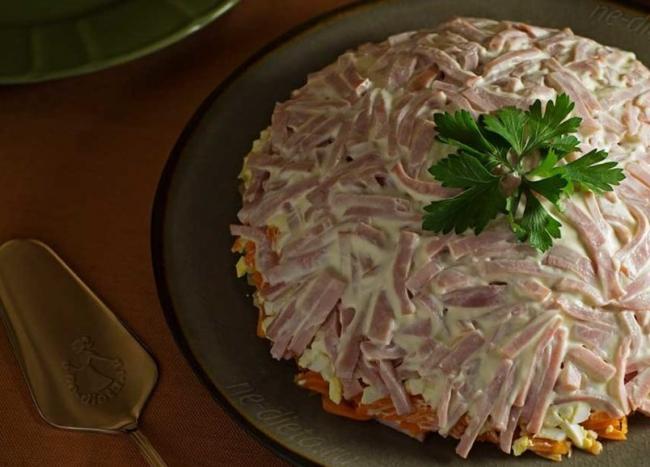 Салат с консервированными или жаренными шампиньонами и ветчиной