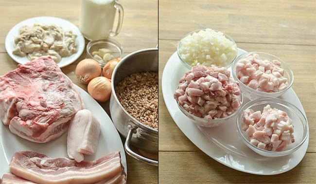 Ингредиенты для приготовления кровяной колбасы с гречкой Гречка, лук, кровь, сало, кишки