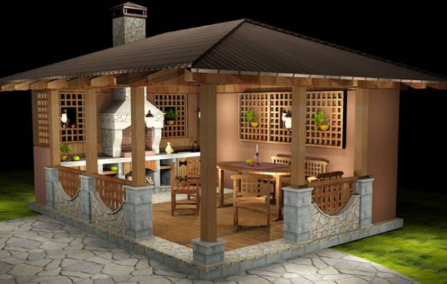 3Д проект квадратной летней кухни с мангалом Квадратная летняя кухня
