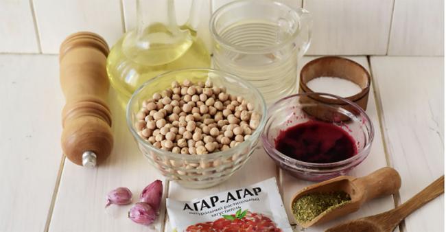 Ингредиенты для приготовления колбасы из нута Нут, масло, агар-агар, специи, свекла