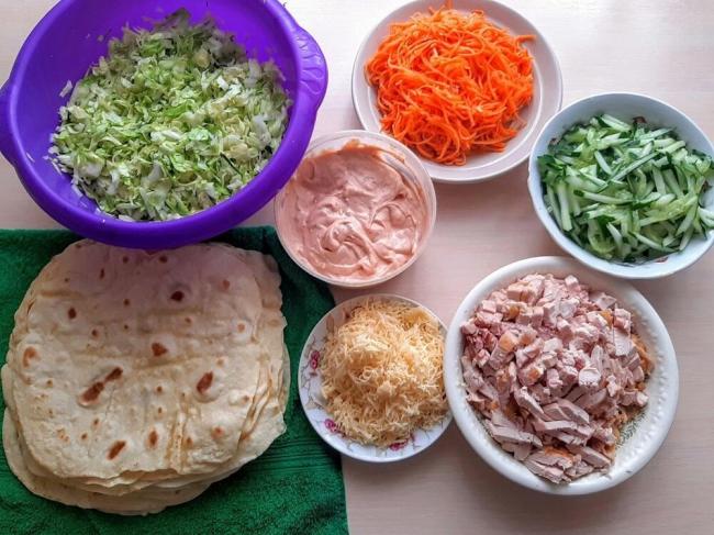 Набор ингредиентов для шаурмы с копченой грудкой Продукты для приготовления шаурмы
