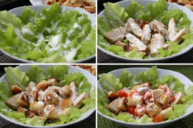Приготовление салата «Цезарь» с курицей и сухариками Салат «Цезарь» с курицей и сухариками