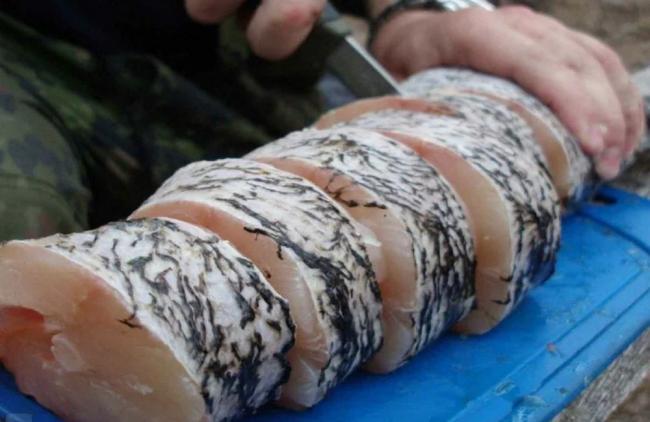 Стейки из щуки Повар нарезает щуку на стейки