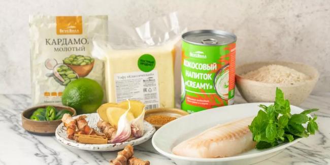 Ингредиенты для приготовления трески под сыром тофу Треска, тофу, специи