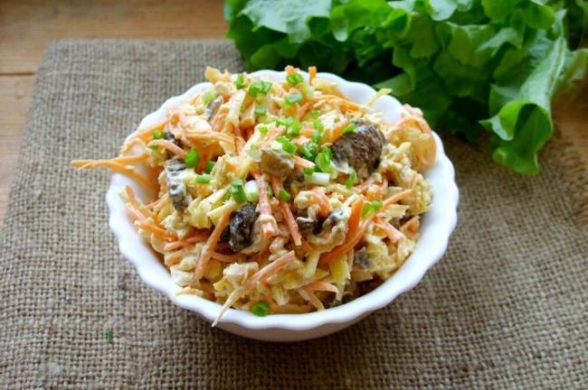 Салат с куриной грудкой и жареными шампиньонами